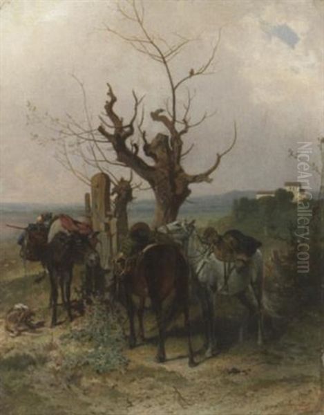 In Der Romischen Campagna. Zwei Gesattelte Pferde Und Ein Packesel Vor Einem Alten Gatter by Ernst Schweinfurth