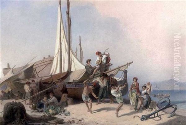 Um Ein An Land Gezogenes Segelboot Vergnugen Sich Neapolitanische Fischer Mit Tanz, Musik Und Speise Oil Painting by Ernst Schweinfurth