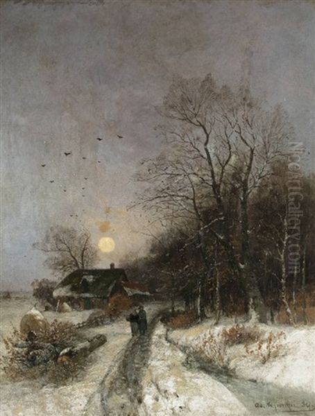 Moonrise On Winter Evening Oil Painting by Adolf Gustav Schweitzer