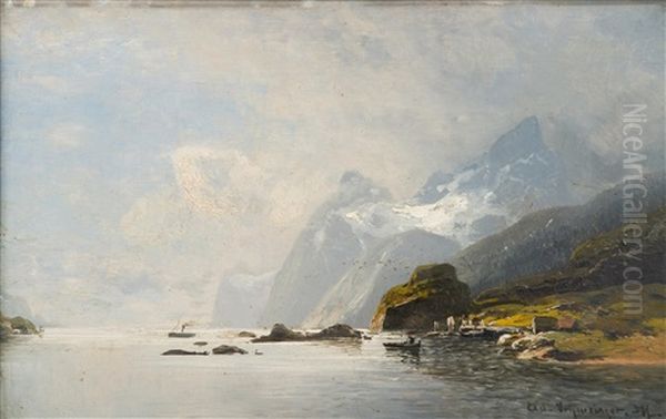 Fjord Oil Painting by Adolf Gustav Schweitzer