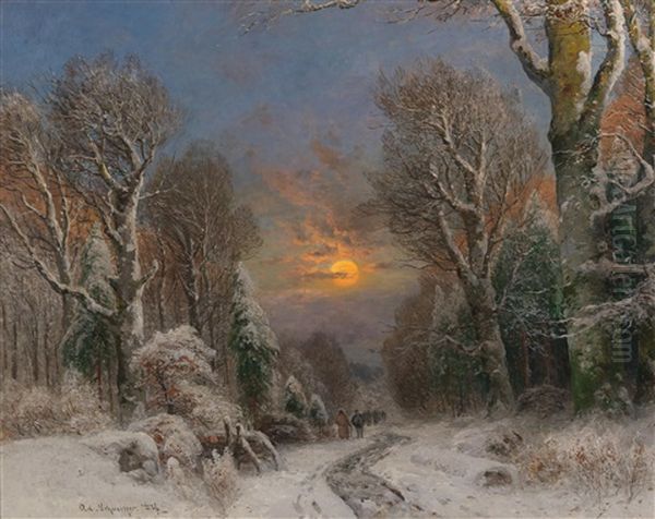 Moonlit Night In Winter Oil Painting by Adolf Gustav Schweitzer