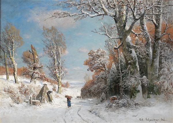 Winterlandschaft Mit Reisigsammlerin Oil Painting by Adolf Gustav Schweitzer