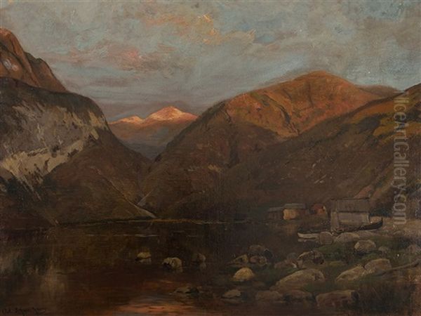 Fjord In Twilight Oil Painting by Adolf Gustav Schweitzer