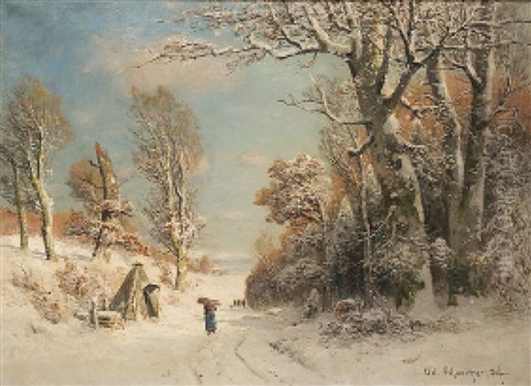 Winterlandschaft Mit Reisigsammlerin Und Jagern Oil Painting by Adolf Gustav Schweitzer