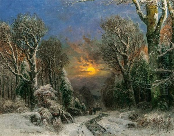 Full Moon Over A Winterly Forest Oil Painting by Adolf Gustav Schweitzer