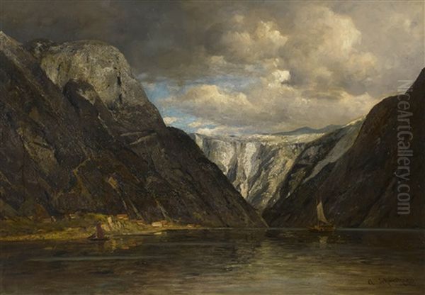 Norwegische Fjordlandschaft Oil Painting by Adolf Gustav Schweitzer