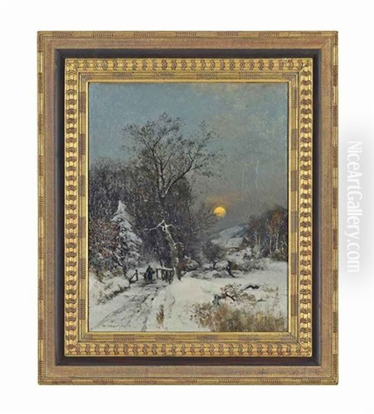 A Walk In The Snow By Moonlight Oil Painting by Adolf Gustav Schweitzer