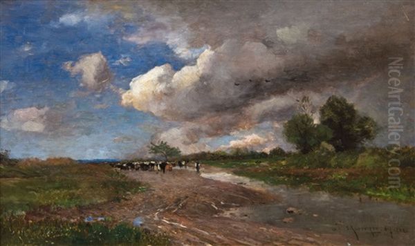 Weitlaufige Landschaftsszene Mit Viehherde Und Bewegtem Lichtspiel Durch Aufziehende Gewitterwolken Oil Painting by Adolf Gustav Schweitzer