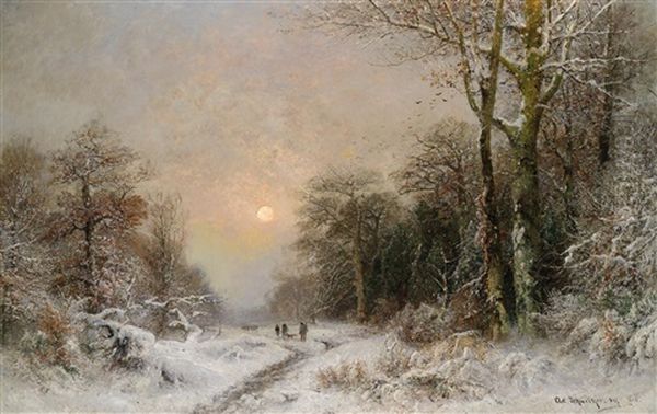 Jager Am Heimweg In Winterlicher Mondnacht Oil Painting by Adolf Gustav Schweitzer