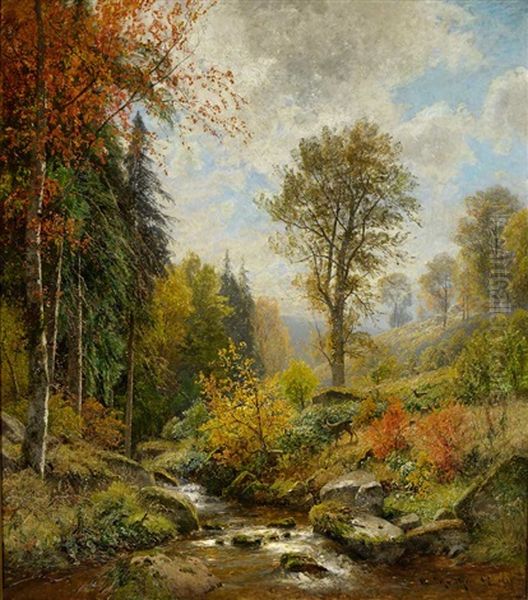 Lauschiger Bach Mit Rehen An Einem Prachtvollen Herbsttag Oil Painting by Adolf Gustav Schweitzer