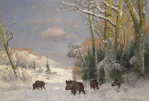 Wildschweinrotte Am Waldrand Oil Painting by Adolf Gustav Schweitzer