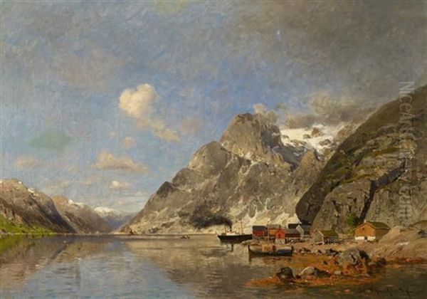 Norwegisches Fischerdorf Am Fjord Oil Painting by Adolf Gustav Schweitzer