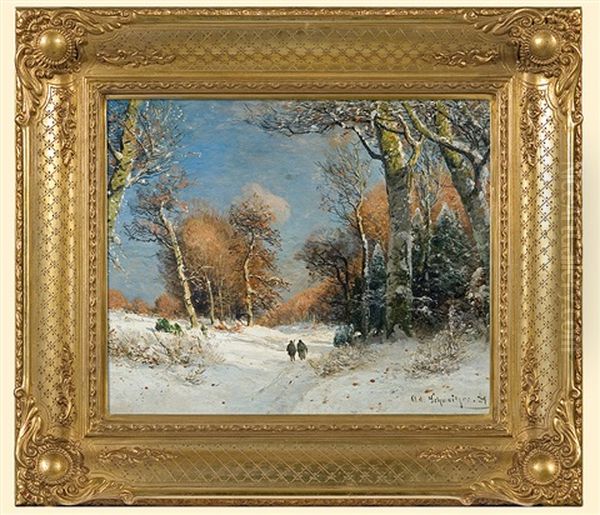 Winter Walk In Woods Oil Painting by Adolf Gustav Schweitzer