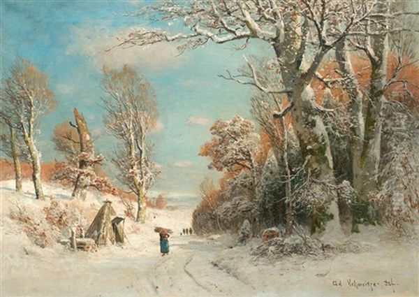 Sammlerin Und Jager In Einer Winterlandschaft Oil Painting by Adolf Gustav Schweitzer