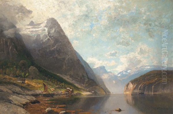 Sognefjord. Grose Norwegische Fjordlandschaft Oil Painting by Adolf Gustav Schweitzer