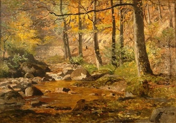 Blick In Herbstlich Gefarbten Wald Mit Bachlauf Oil Painting by Adolf Gustav Schweitzer