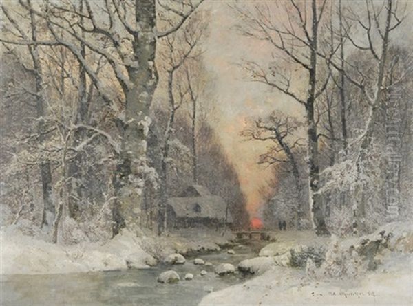 Winterliche Bachlandschaft Mit Haus Und Figurenstaffage Im Abendrot Oil Painting by Adolf Gustav Schweitzer