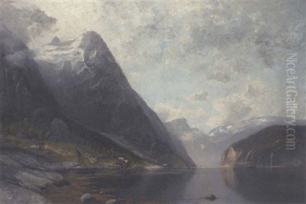 A Steamer On A Norwegian Fjord Oil Painting by Adolf Gustav Schweitzer