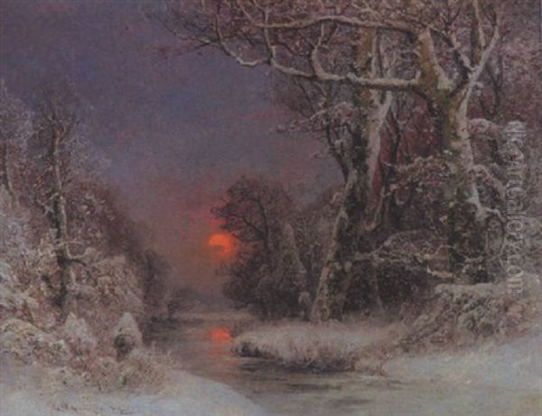 Abendstimmung Uber Bachlauf Im Winterwald Oil Painting by Adolf Gustav Schweitzer