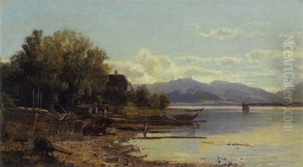 An Einem Gerbrigssee (chiemsee?) Oil Painting by Adolf Gustav Schweitzer