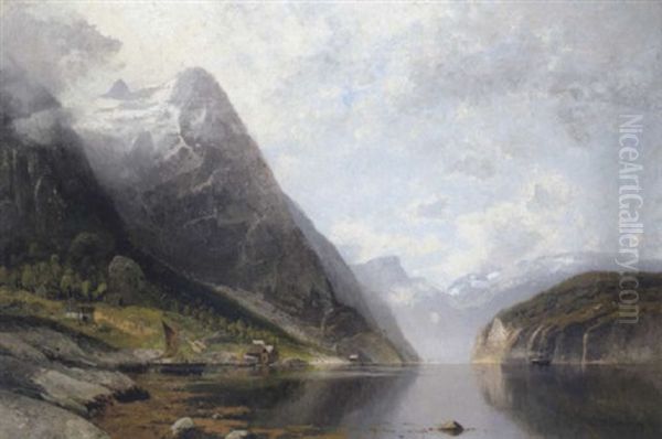 Grose Norwegische Fjordlandschaft Mit Schiffen Und Einem Kleinen Hafen (sognefjord) Oil Painting by Adolf Gustav Schweitzer