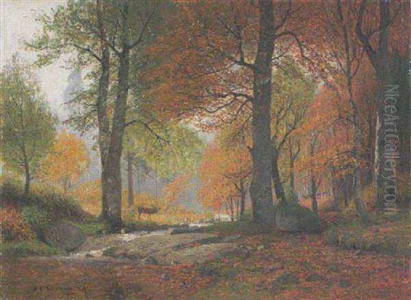 Lichter Herbstwald Mit Hirsch Oil Painting by Adolf Gustav Schweitzer