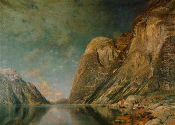 Grose Norwegische Fjordlandschaft Oil Painting by Adolf Gustav Schweitzer