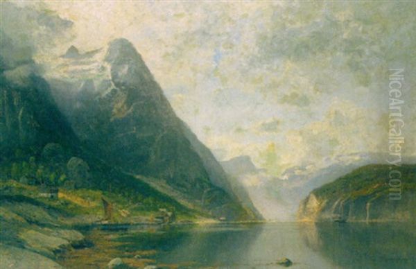 Norwegischer Fjordlandschaft Oil Painting by Adolf Gustav Schweitzer