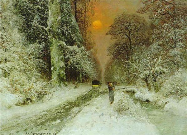 Winterlandschaft Mit Reisigsammlerin Oil Painting by Adolf Gustav Schweitzer