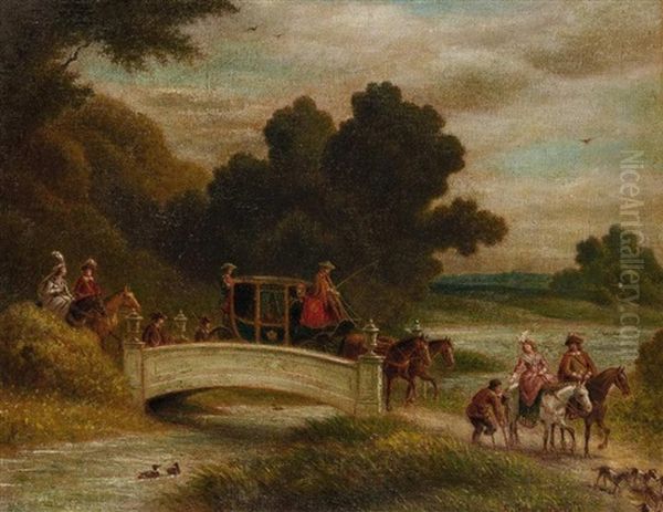 Reiter Und Kutsche An Einer Brucke Oil Painting by Cajetan Schweitzer