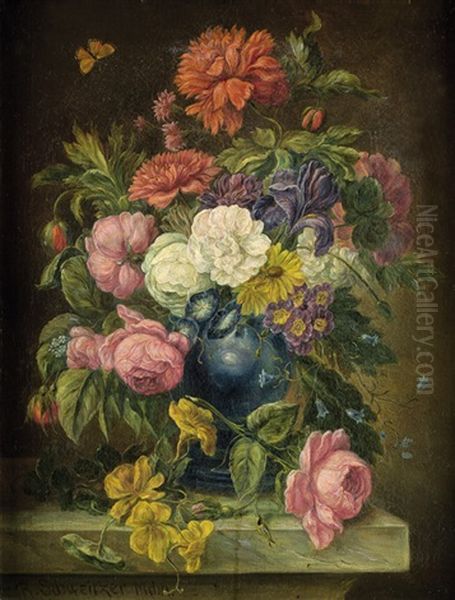 Blumenstilleben Mit Pfingstrosen, Vergissmeinnicht, Glockenblumen Und Sonnenroschen Oil Painting by Reinhold Schweitzer