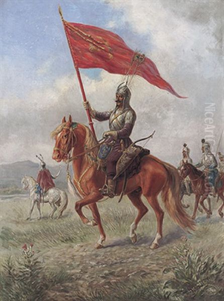 Portrait Eines Janitscharen-fuhrers Zu Pferd Mit Flagge Oil Painting by Reinhold Schweitzer