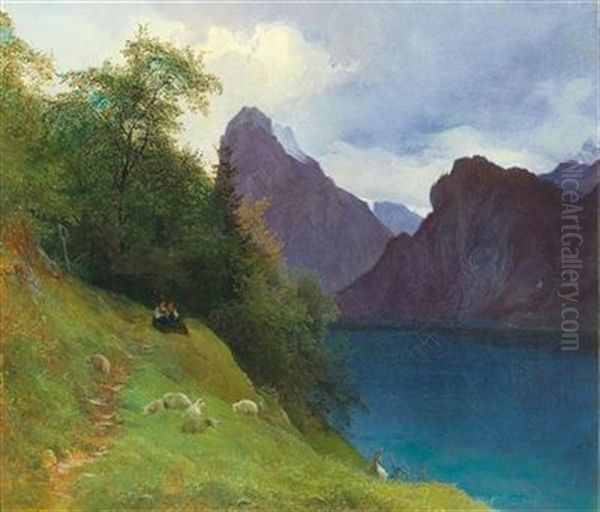 Scene Between Ebensee And Traunkirchen With A View Of The Traunstein Mountain Oil Painting by Josef Schwemminger