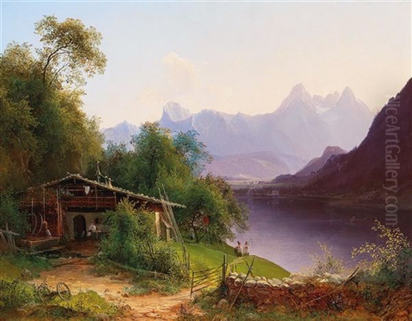 View Over Lake Zell To The Steinernes Meer With Prielau Castle In The Background Oil Painting by Josef Schwemminger