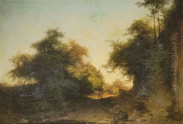 Bewaldete Landschaft Mit Paar Auf Einem Feldweg Oil Painting by Josef Schwemminger