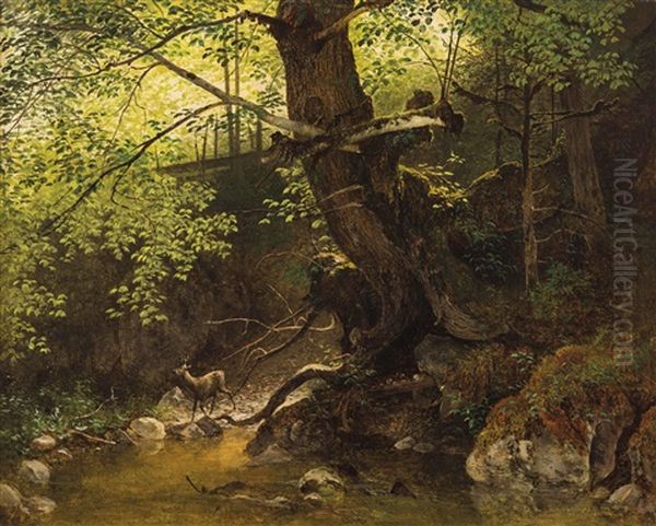 Rehbock Am Waldbach Oil Painting by Josef Schwemminger