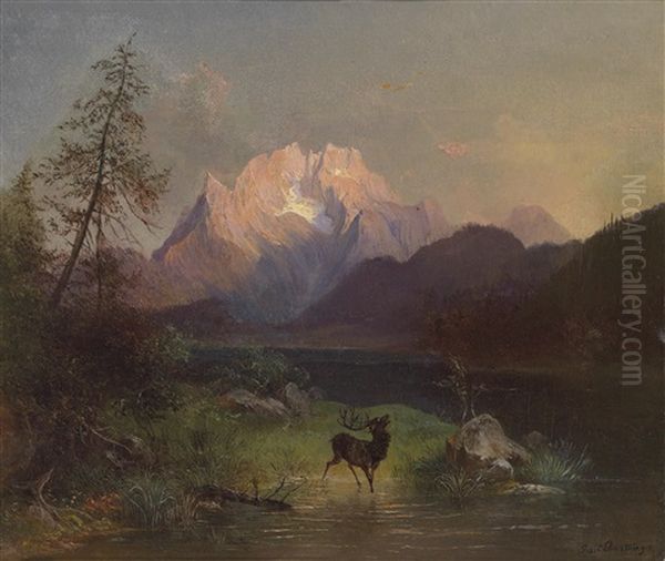 Rohrender Hirsch Am Seeufer Oil Painting by Josef Schwemminger