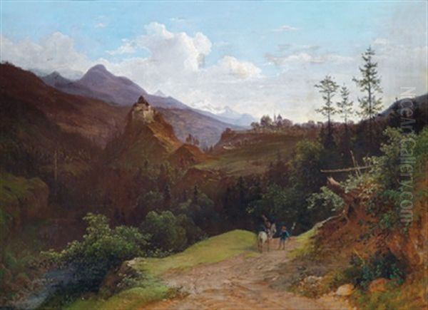 Gebirgsort, Burg Und Gletschermotiv Im Hintergrund Oil Painting by Josef Schwemminger