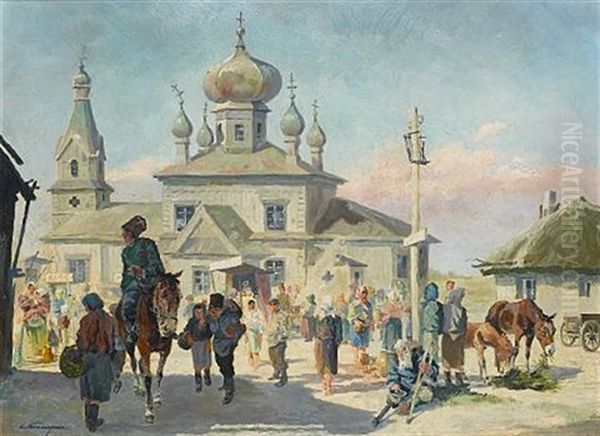 Gathering At The Church Oil Painting by E. Schwendtner