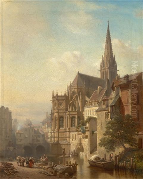 A View Of A Town On A River With A Gothic Cathedral Oil Painting by Albert Schwendy