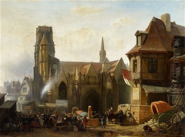 Town Fair By A Gothic Church In France Oil Painting by Albert Schwendy