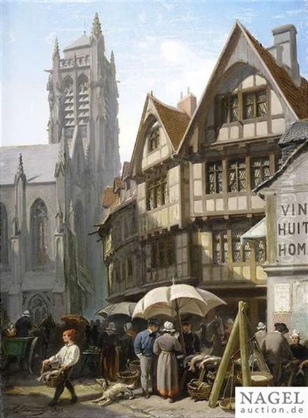 Market Day In An Old Town Oil Painting by Albert Schwendy