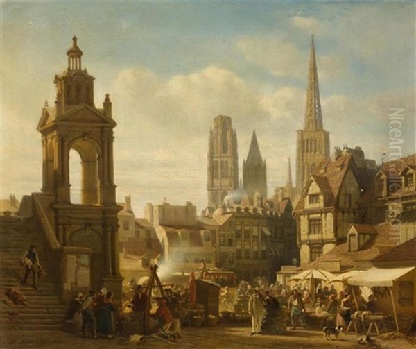 Belebte Stadtansicht Von Rouen Oil Painting by Albert Schwendy