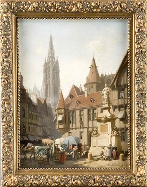 Markttag In Einer Nordfranzosischen Stadt Mit Gotischer Kirche Oil Painting by Albert Schwendy