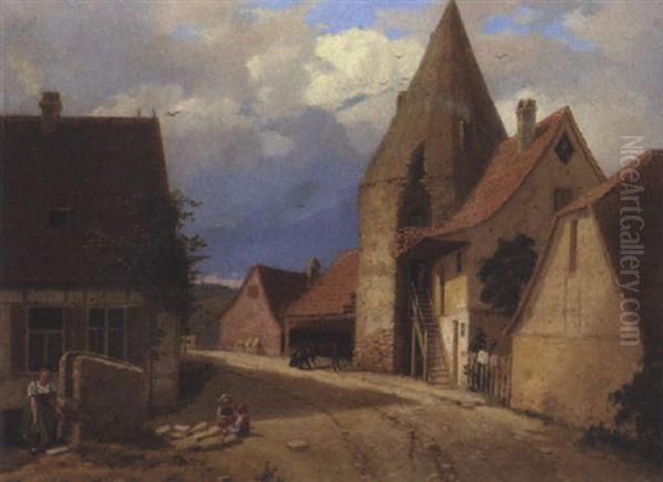 Dorfstrase Oil Painting by Albert Schwendy