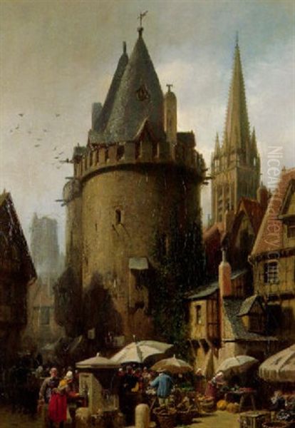 Markttag In Caen In Der Normandie Oil Painting by Albert Schwendy