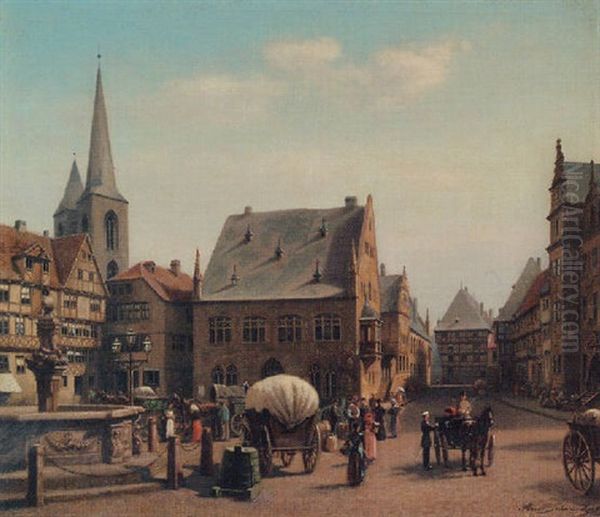 Auf Dem Marktplatz Zu Halberstadt Oil Painting by Albert Schwendy