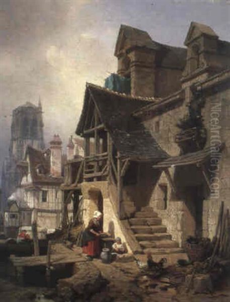 Hinterhofszene In Paris Mit Blick Auf Gotische Kathedrale Oil Painting by Albert Schwendy