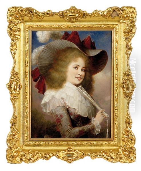 Dame Mit Hut Und Facher Oil Painting by Karl Schweninger the Elder