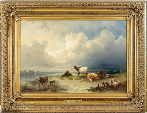 Viehherde Am Flussufer Oil Painting by Karl Schweninger the Elder